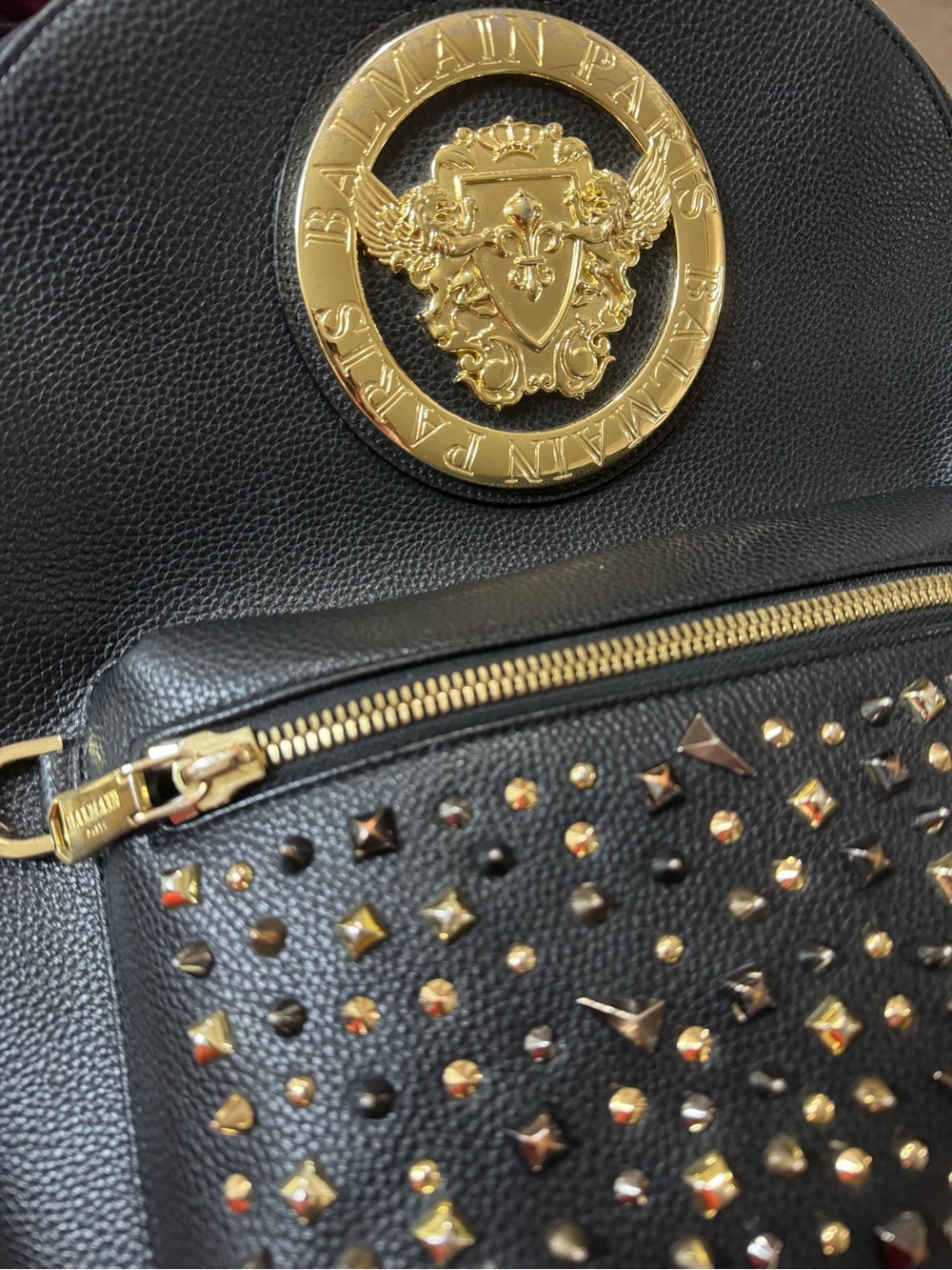 Balmain Paris 💯% Authentic Black Leather Studded Backpack with Gold Emblem - EUC